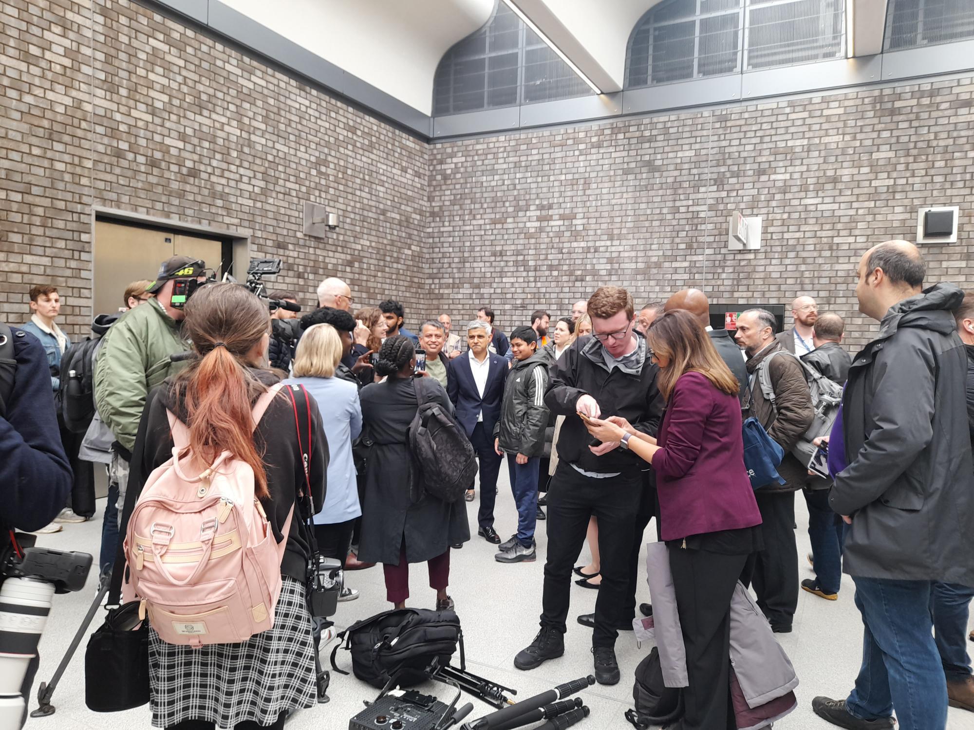 The London Mayor was at the centre of a media scrum as he visited the new Woolwich Elizabeth Line station. CREDIT: Kiro Evans - free to use 